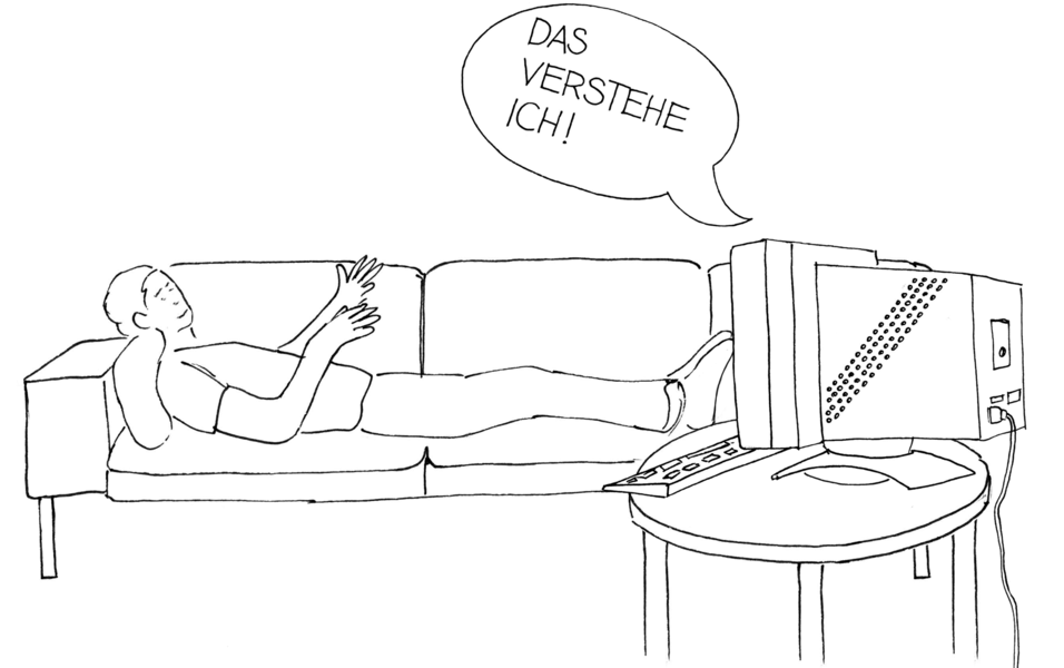 Illustration maschinelles Feedback Mann liegt auf Couch und sieht Fern, Sprecheblase mit "Das verstehe ich"