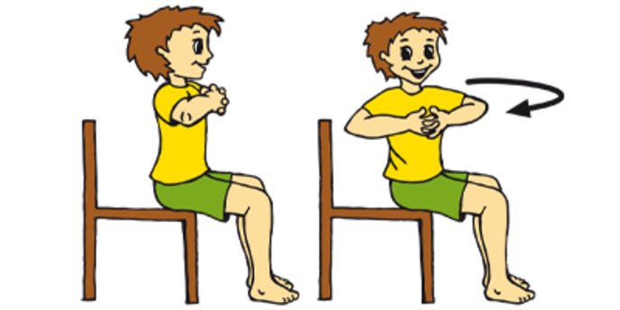 illustrierter Junge sitzt auf Sessel und dreht seinen Oberkörper