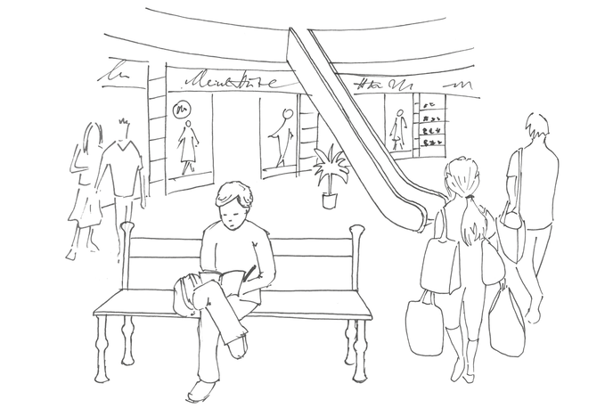 Illustration eines Einkaufscenters, Mann sitzt auf Bank