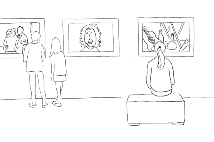 Personen blicken auf Gemälde eines Museums