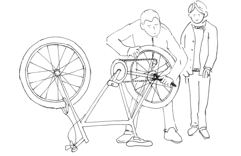 zwei Personen reparieren Fahrrad